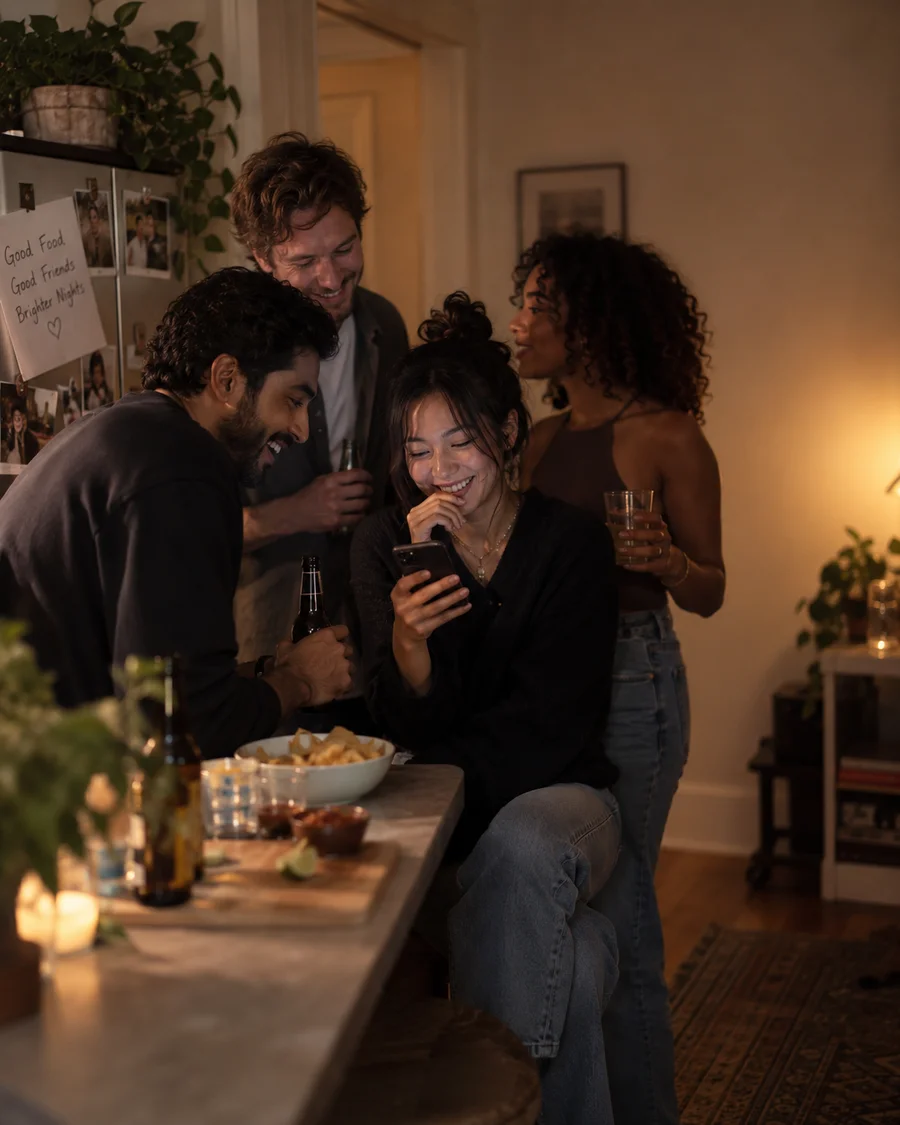 Friends sharing something on a phone at home