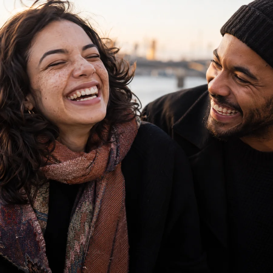 Two friends laughing together by the river