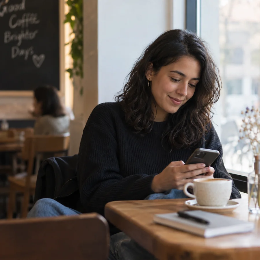 A woman looking at her phone in a café